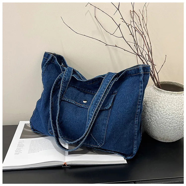 Denim tote bag with wide straps