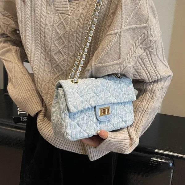 Compact flap denim handbag with chain straps