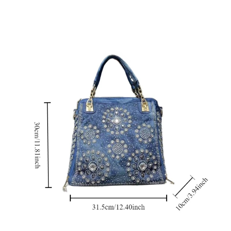 Elegant floral embroidered denim handbag with chain handle