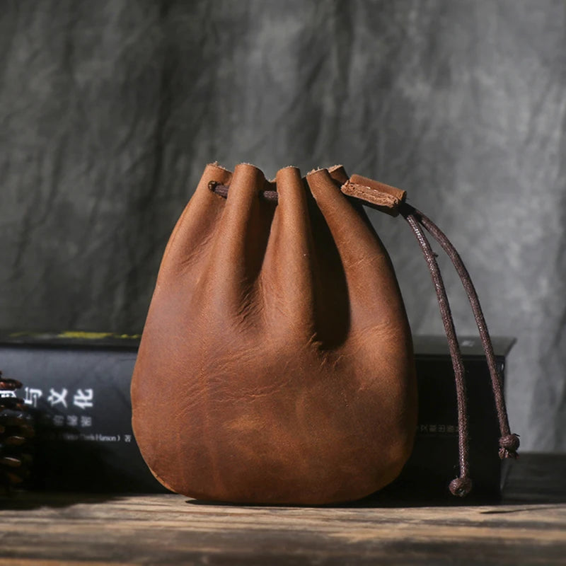Retro leather pouch with drawstring