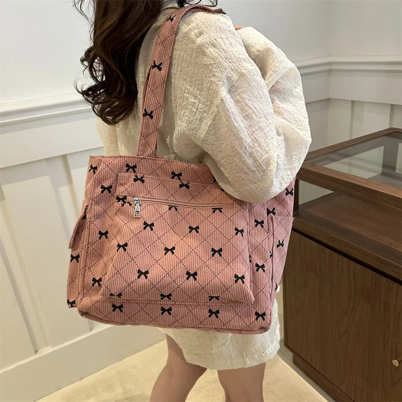 Bow pattern corduroy tote bag for women