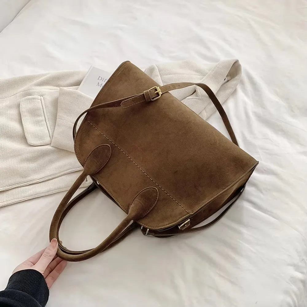 Suede handbag with double handle
