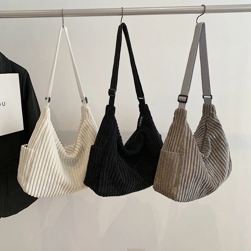 Versatile corduroy handbag with shoulder strap