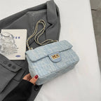 Compact flap denim handbag with chain straps