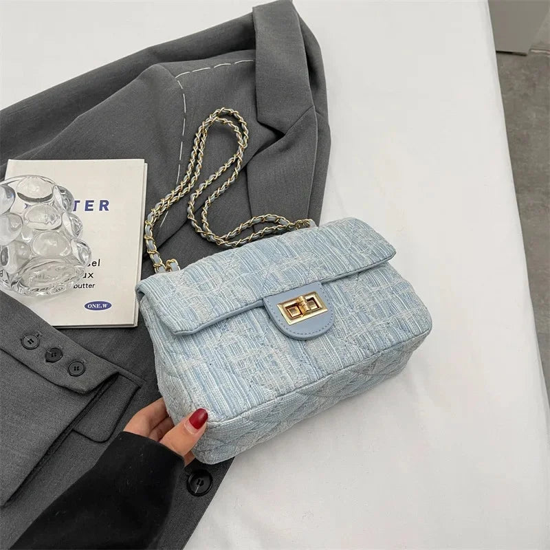 Compact flap denim handbag with chain straps