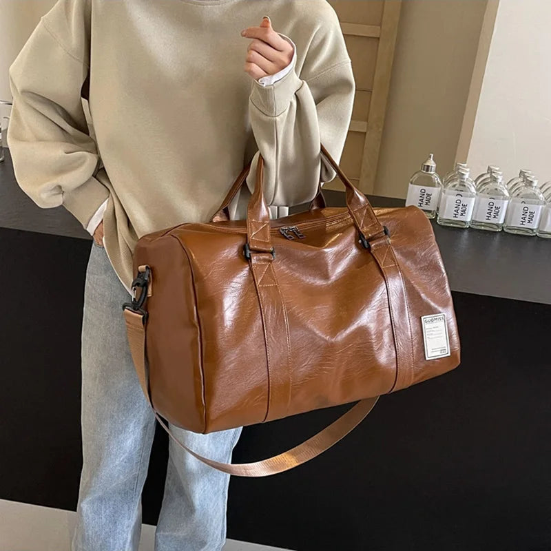 Retro-style leather weekender duffle bag