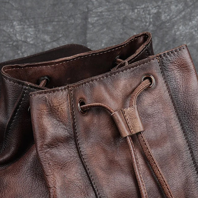 Retro leather rucksack with drawstring closure