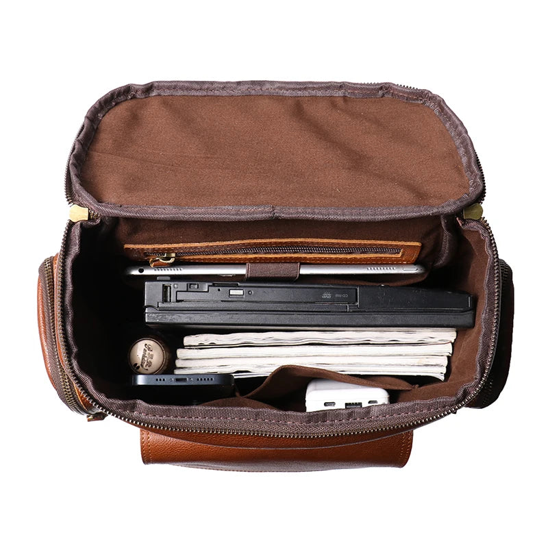 Tall leather rucksack with top flap