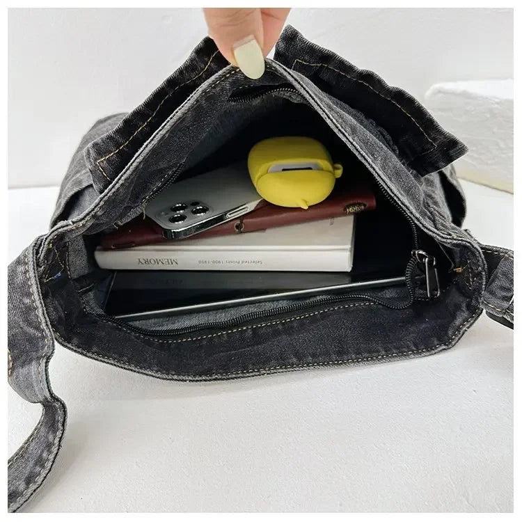 Denim top-handle handbag