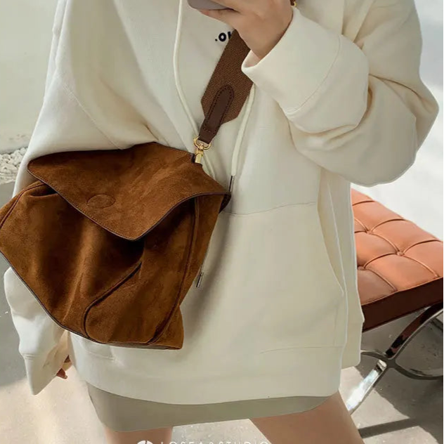 Suede tote bag with large shoulder strap