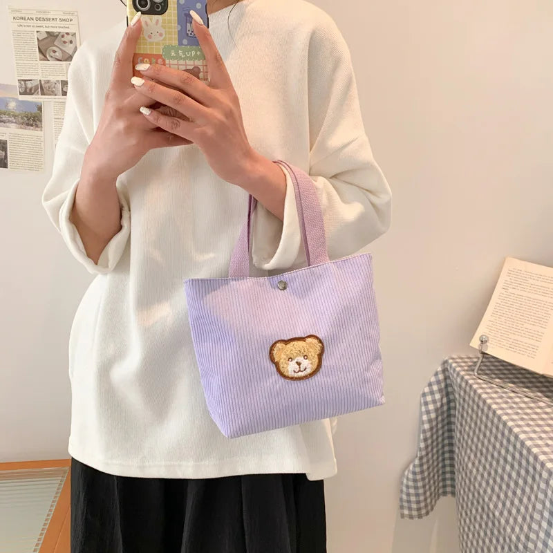 Women’s corduroy shoulder tote bag with front patch