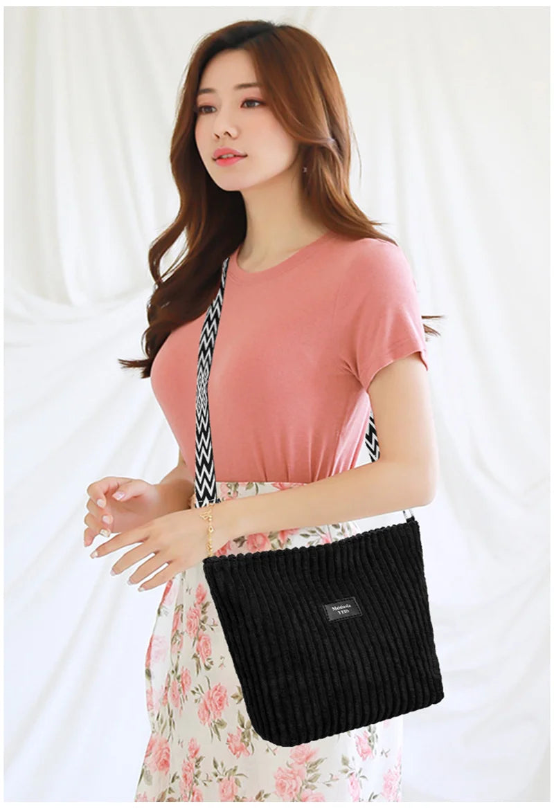 Large capacity corduroy shoulder handbag