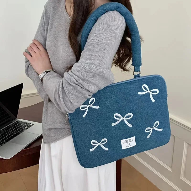 Bowknot heart denim laptop bag