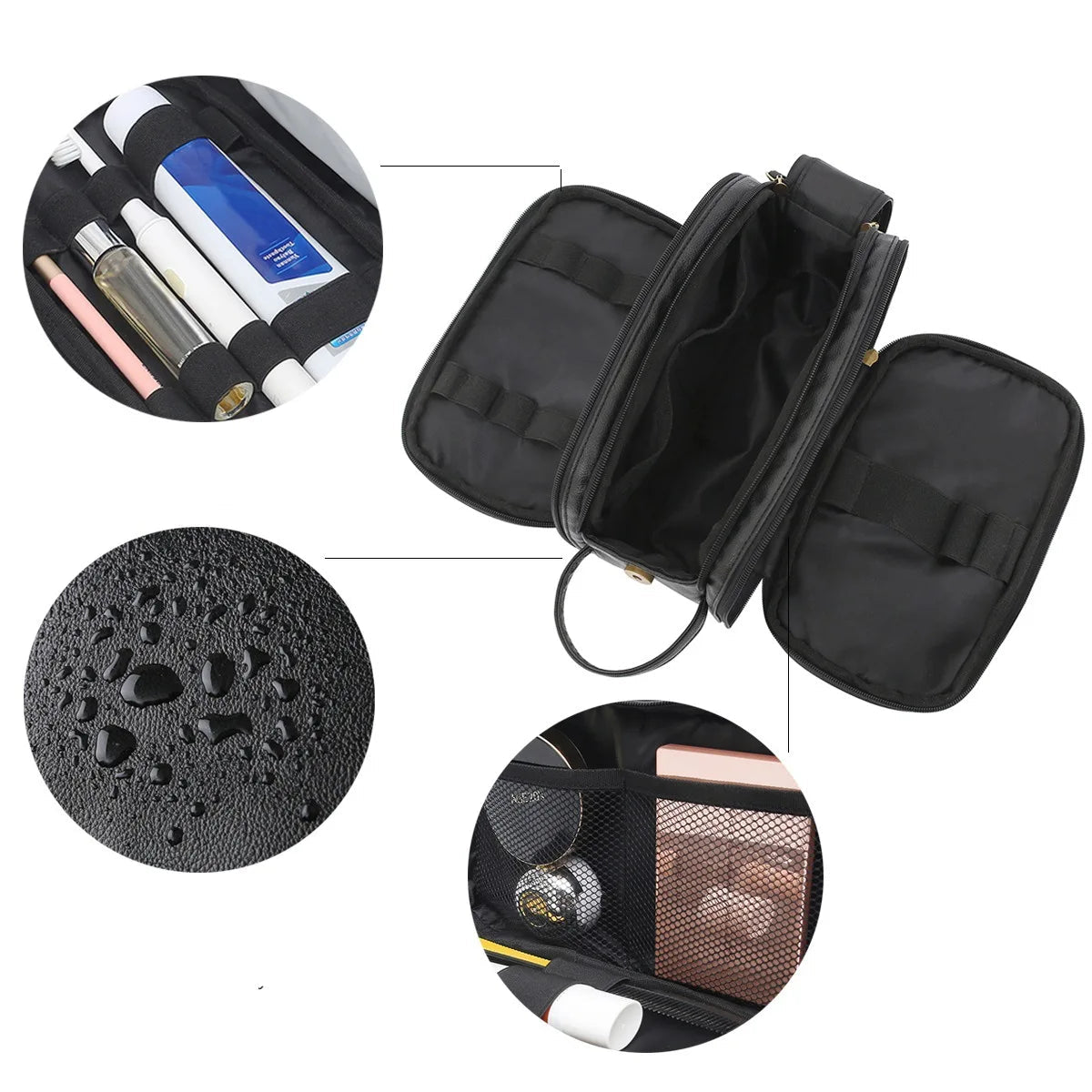 Fold-out leather travel toiletry bag