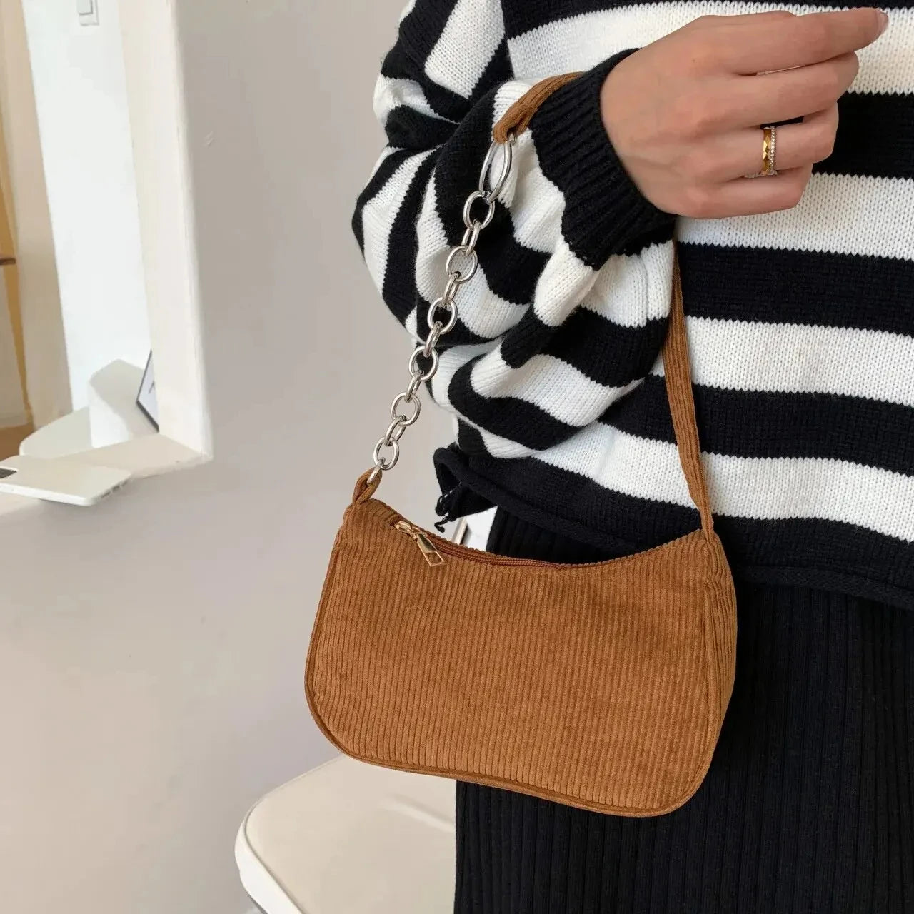 Soft corduroy handbag with single strap