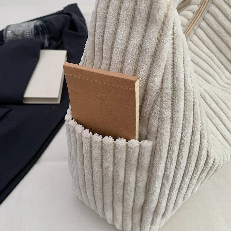 Versatile corduroy handbag with shoulder strap