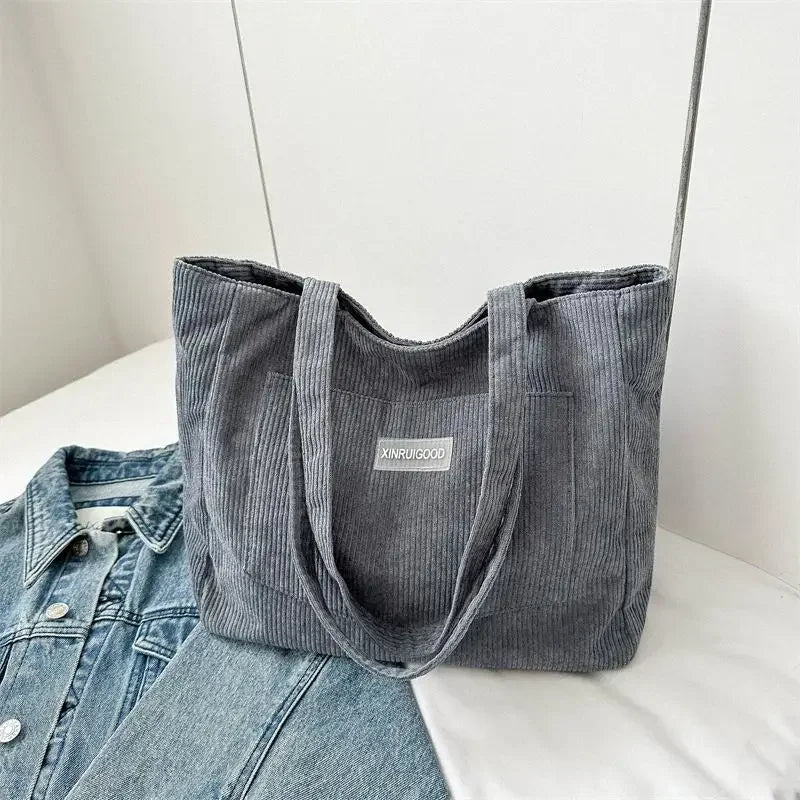 Large capacity corduroy shoulder tote bag
