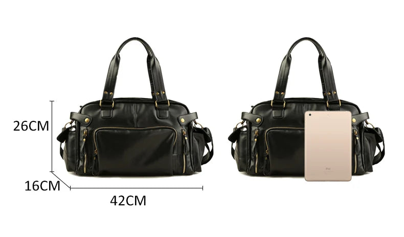 Rugged leather duffle bag with side pockets