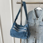 Classic denim shoulder handbag with zipper closure