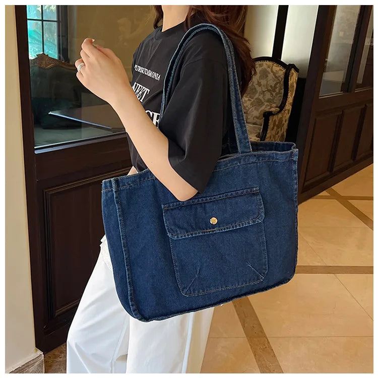 Denim tote bag with wide straps