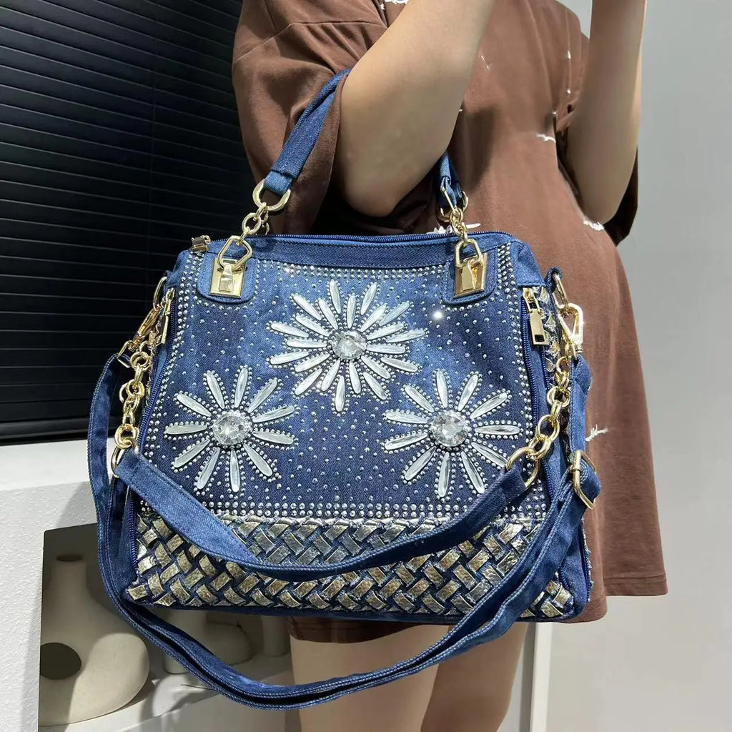 Elegant floral embroidered denim handbag with chain handle