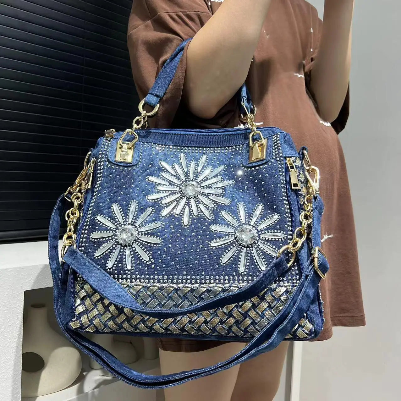 Elegant floral embroidered denim handbag with chain handle