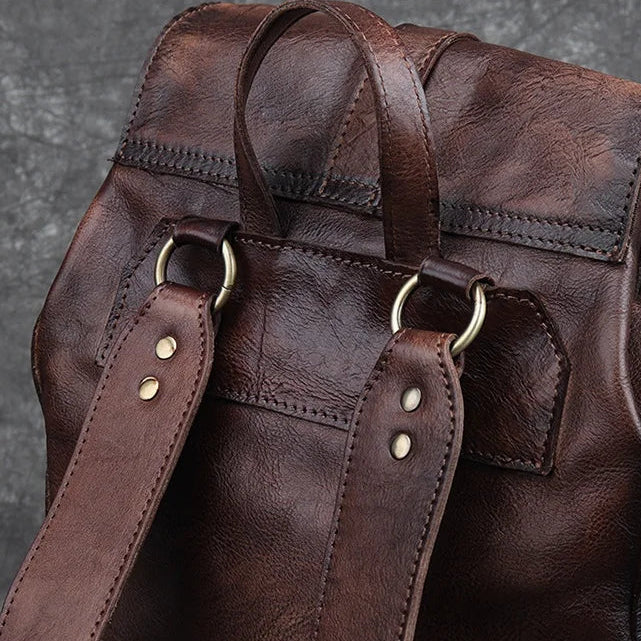 Retro leather rucksack with drawstring closure