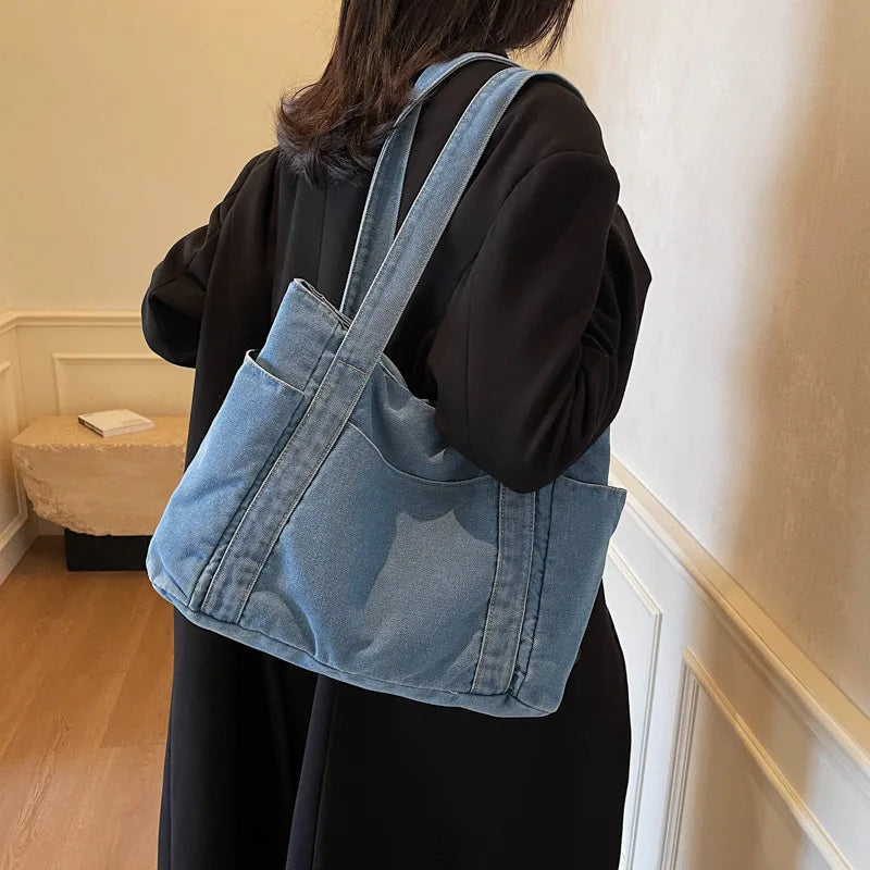 Denim shoulder tote bag