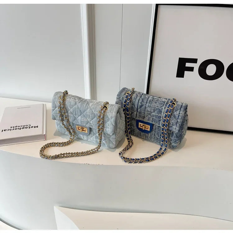 Compact flap denim handbag with chain straps