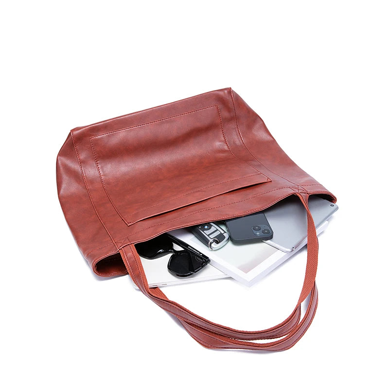 Large capacity leather tote bag with pocket
