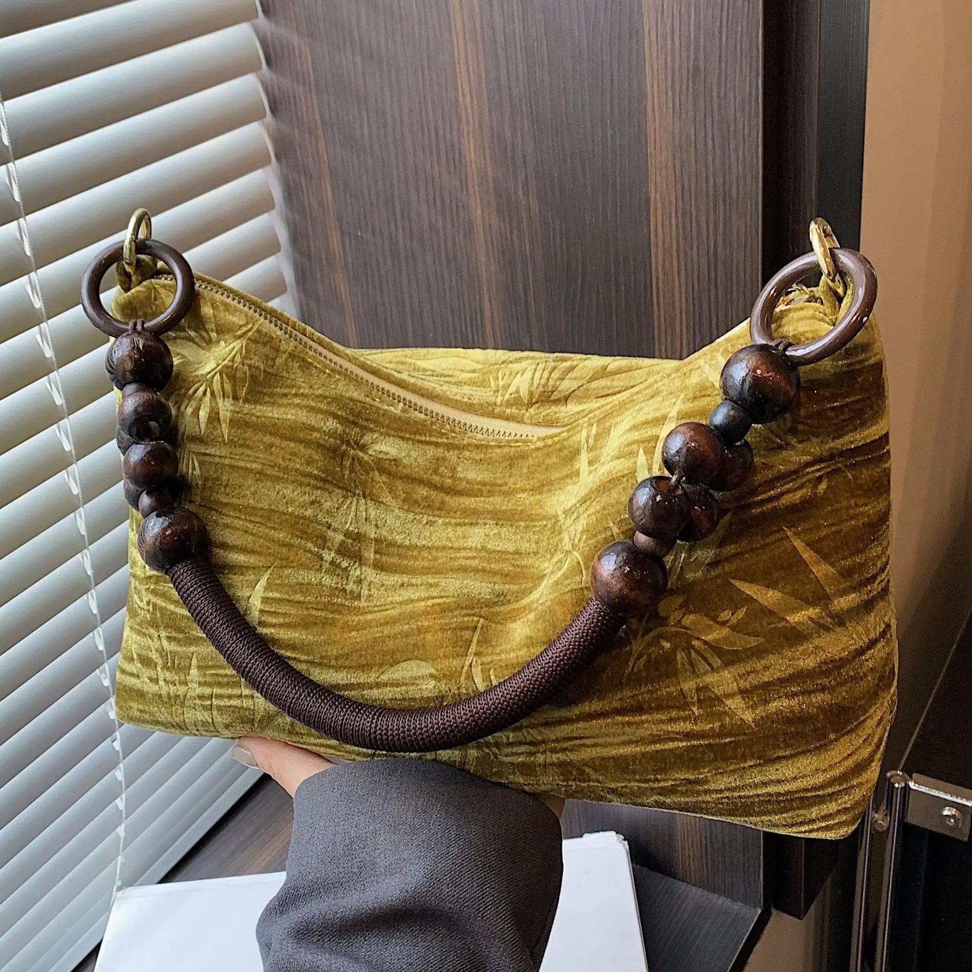 Corduroy handbag with wooden bead handle