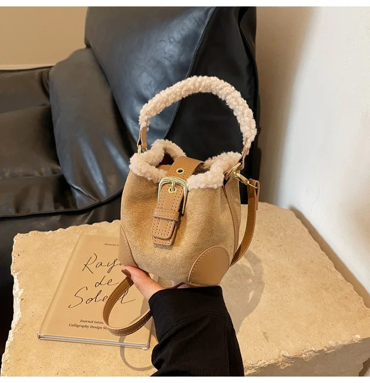 Mini square suede handbag with fake fur