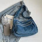 Classic denim shoulder handbag with zipper closure