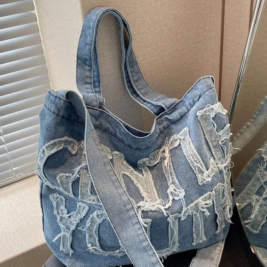 Foldable denim tote bag