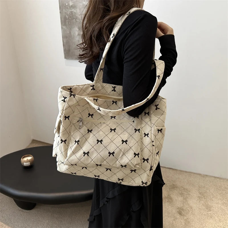 Bow pattern corduroy tote bag for women