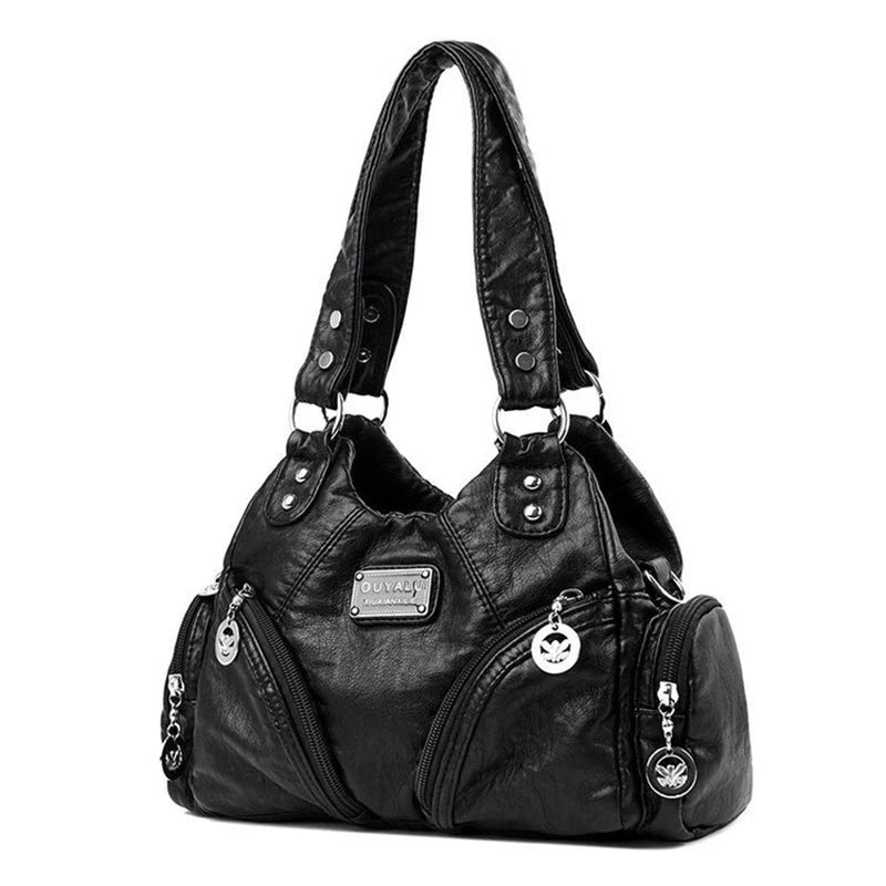 Leather shoulder bag with side pockets