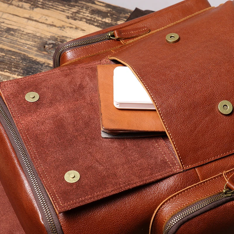 Tall leather rucksack with top flap