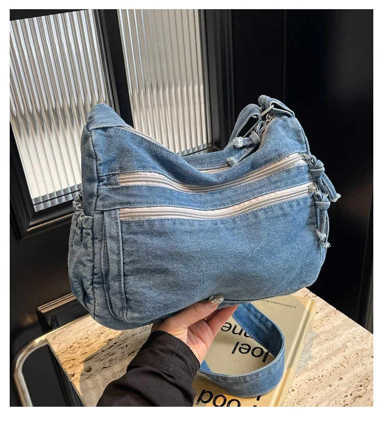 Multi-pockets denim shoulder bag for women