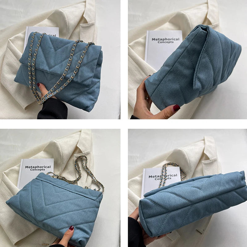 Flap-style denim shoulder handbag