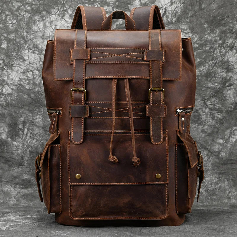 Multi-compartment leather rucksack