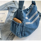 Multi-pockets denim shoulder bag for women