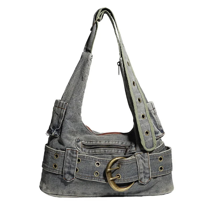 Distressed denim crossbody handbag with double zip
