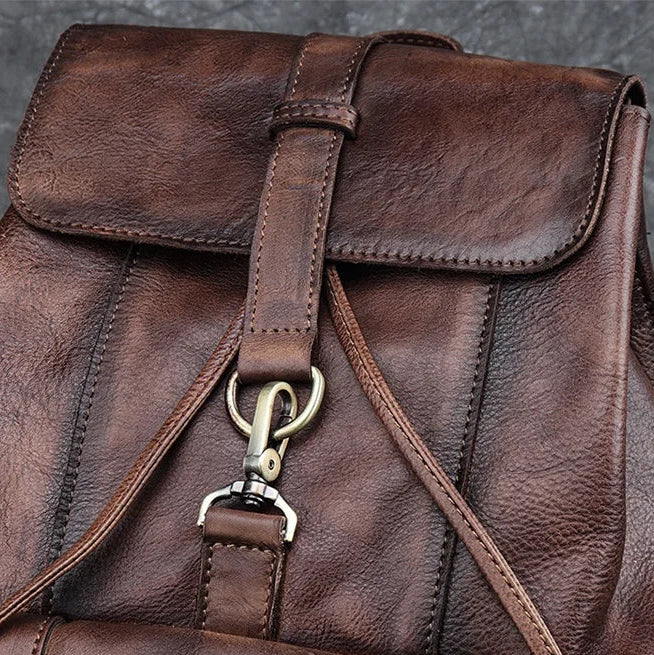 Retro leather rucksack with drawstring closure