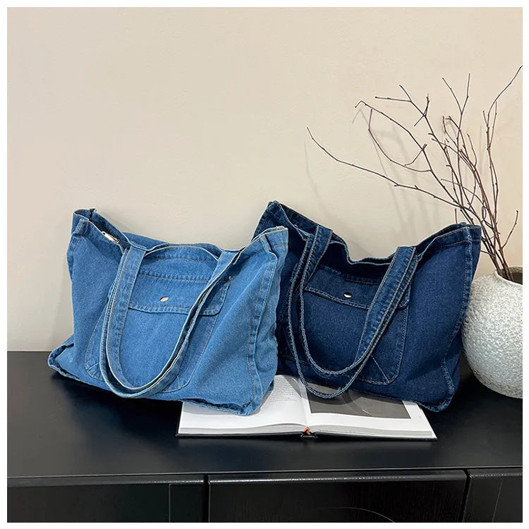 Denim tote bag with wide straps