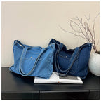 Denim tote bag with wide straps