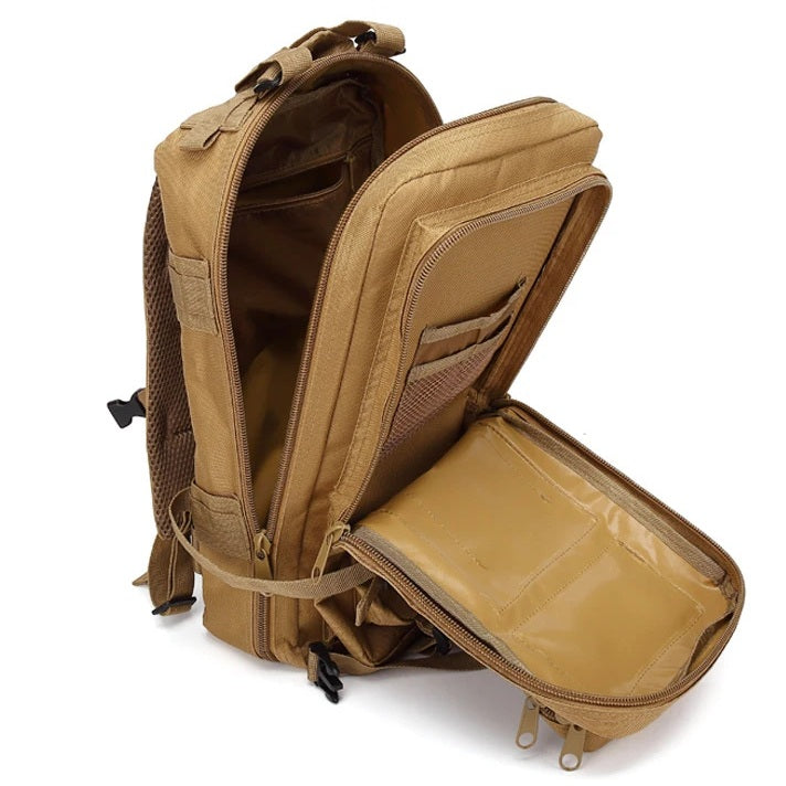 Beige camo army-style tactical backpack
