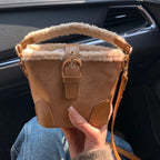 Bucket suede handbag with fake fur