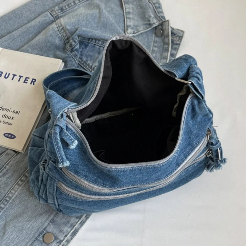 Multi-pockets denim shoulder bag for women
