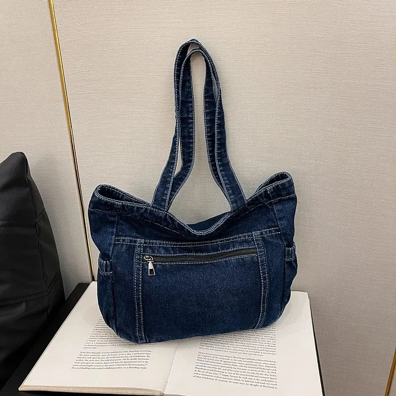 Denim tote bag with front pocket
