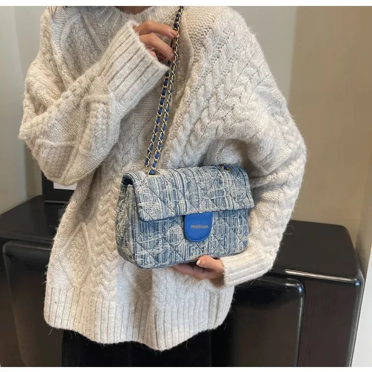 Compact flap denim handbag with chain straps